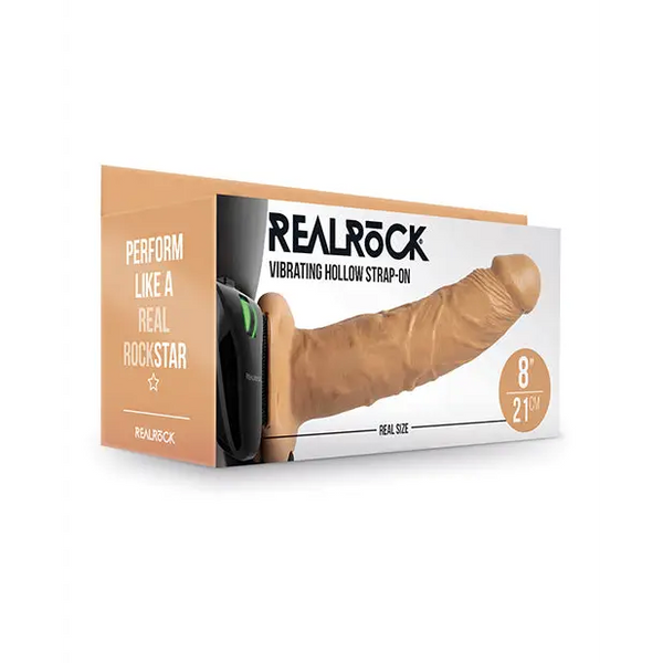 Shots RealRock 8" Vibrating Hollow Strap On W/O Balls, Tan