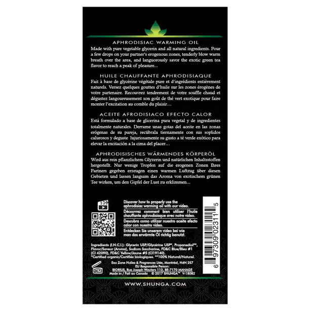 Shunga Organica Warming Oil, 3.5 oz Green Tea