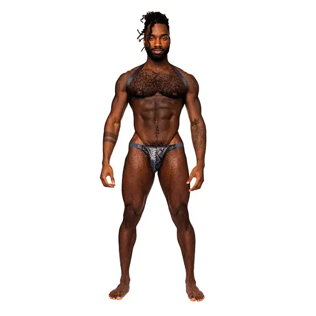 Snaked Metallic Coated Shoulder Sling Harness Thong Black/Blue S/M