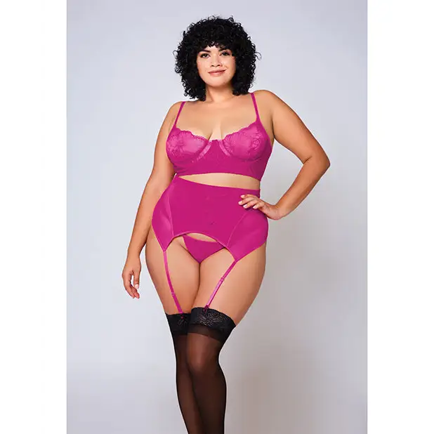 Soft Lace Bra, High Waist Satin & Mesh Garterbelt & G-String Fuchsia 1X