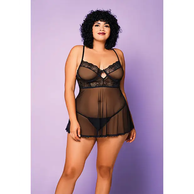 Soft Mesh Babydoll & G-String Black 1X