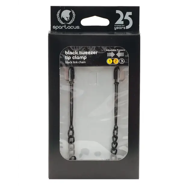 Spartacus Adjustable Black Tweezer Nipple Clamps w/Chain - Bondage Blindfolds & Restraints