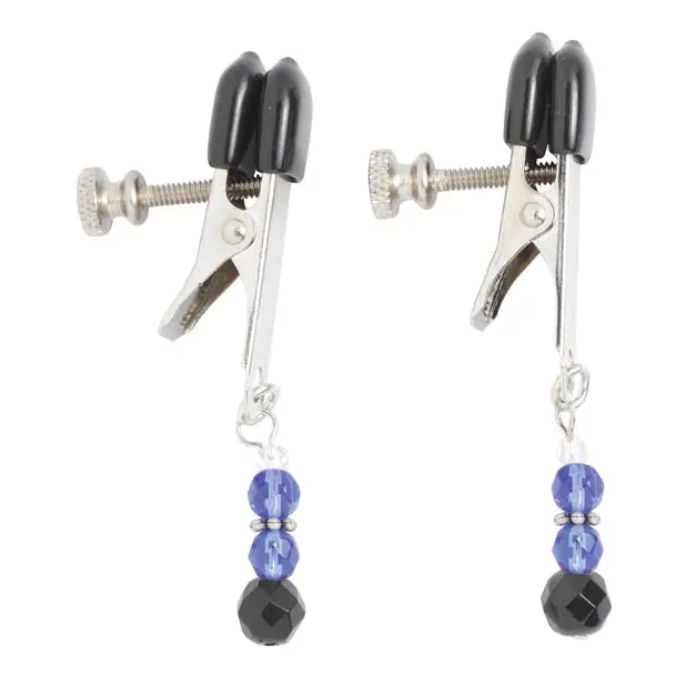 Spartacus Adjustable Broad Tip Blue Beaded Nipple Clamps - Bondage Blindfolds & Restraints