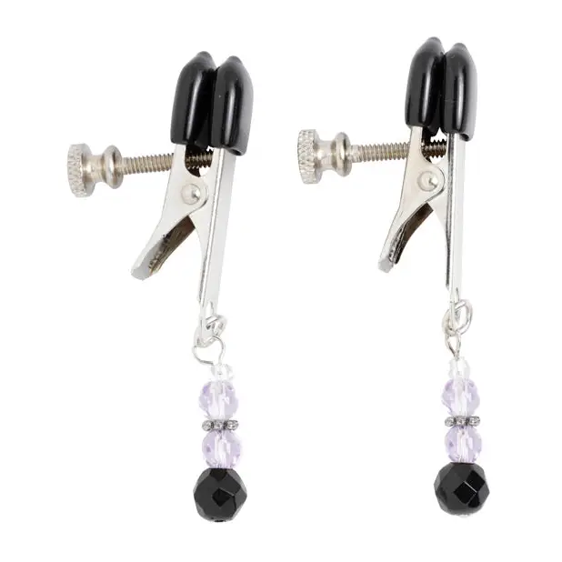 Spartacus Adjustable Broad Tip Nipple Clamps w/Purple Beads - Bondage Blindfolds & Restraints