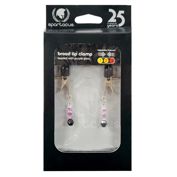 Spartacus Adjustable Broad Tip Nipple Clamps w/Purple Beads - Bondage Blindfolds & Restraints