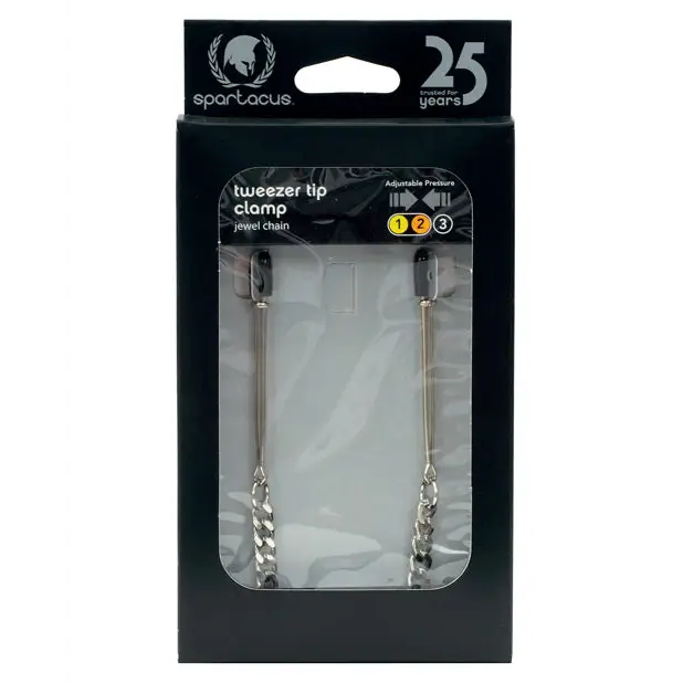 Spartacus Adjustable Tweezer Nipple Clamps w/Jewel Chain - Bondage Blindfolds & Restraints