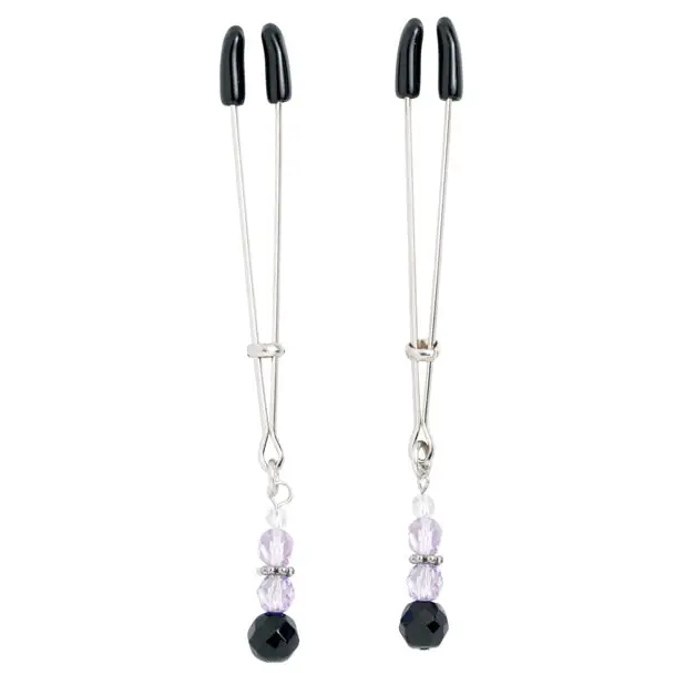 Spartacus Adjustable Tweezer Nipple Clamps w/Purple Beads - Bondage Blindfolds & Restraints
