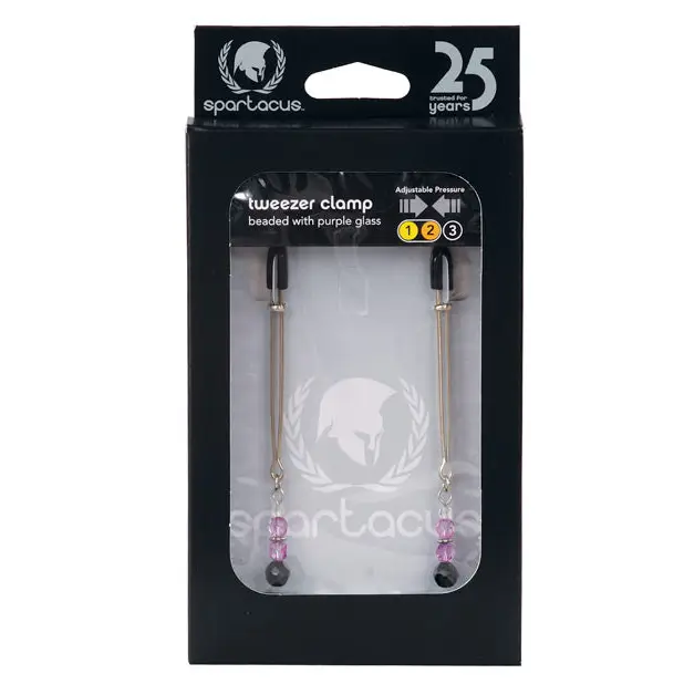 Spartacus Adjustable Tweezer Nipple Clamps w/Purple Beads - Bondage Blindfolds & Restraints
