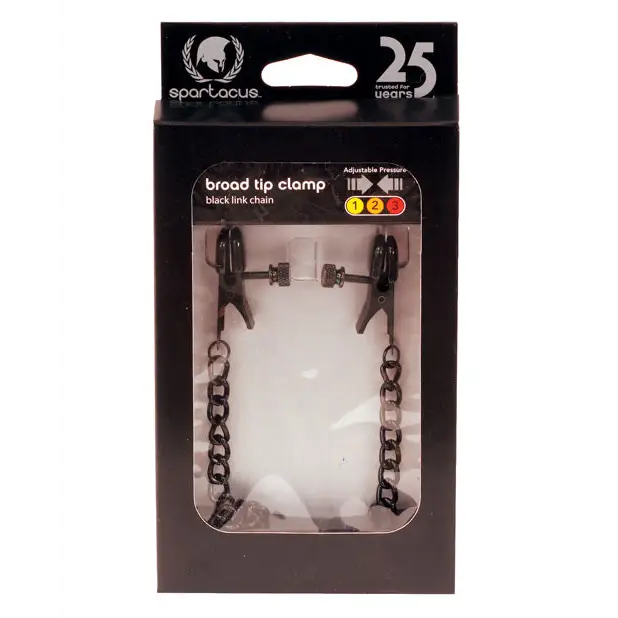 Spartacus Blackline Broad Tip Adjustable Nipple Clamps w/Chain - Black - Bondage Blindfolds & Restraints