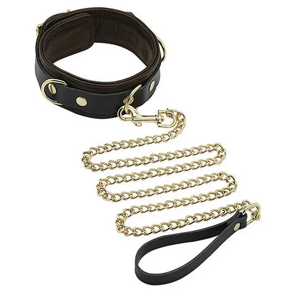Spartacus Collar & Leash - Brown Leather w/Gold Accent Hardware - Bondage Blindfolds & Restraints