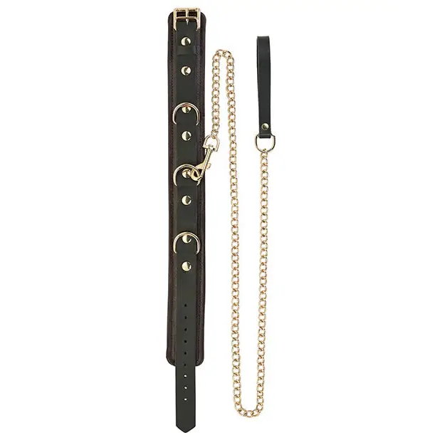 Spartacus Collar & Leash - Brown Leather w/Gold Accent Hardware - Bondage Blindfolds & Restraints