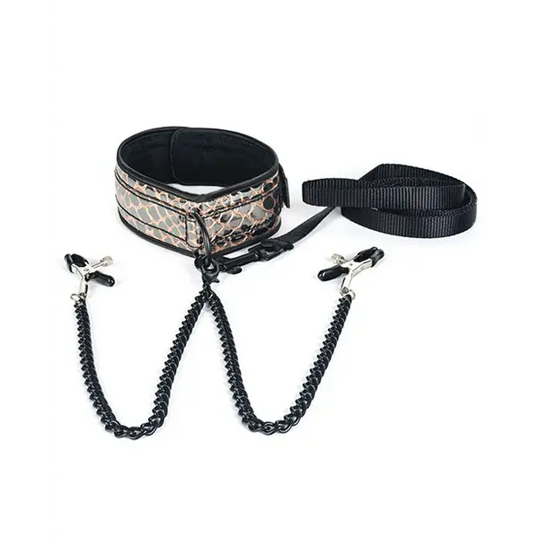Spartacus Faux Leather Collar & Leash w/Black Nipple Clamps - Gold - Bondage Blindfolds & Restraints