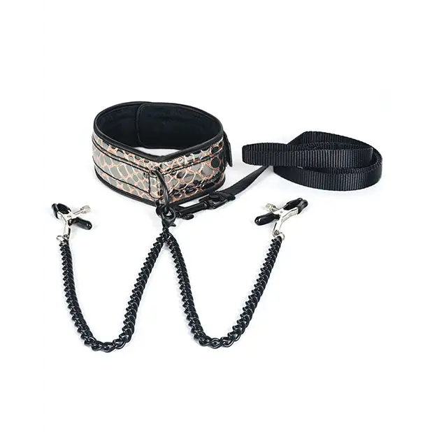 Spartacus Faux Leather Collar & Leash w/Black Nipple Clamps - Gold - Bondage Blindfolds & Restraints
