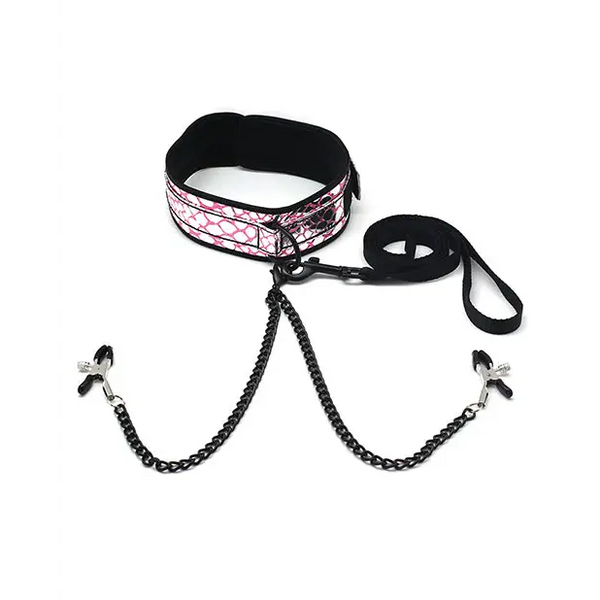 Spartacus Faux Leather Collar & Leash w/Black Nipple Clamps - Pink - Bondage Blindfolds & Restraints