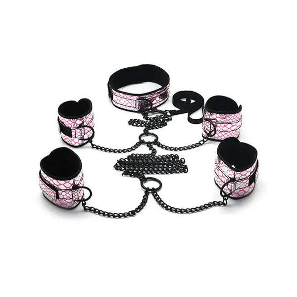 Spartacus Faux Leather Collar to Wrist & Ankle Restraints Bondage Kit w/Leash - Pink - Bondage Blindfolds & Restraints
