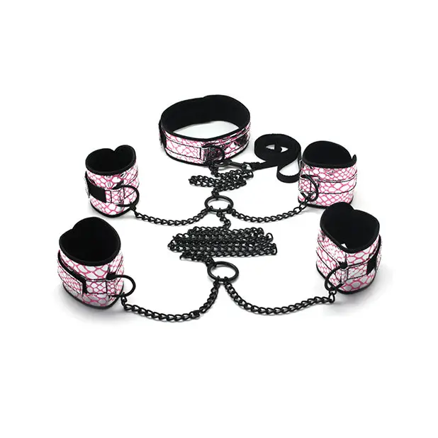 Spartacus Faux Leather Collar to Wrist & Ankle Restraints Bondage Kit w/Leash - Pink - Bondage Blindfolds & Restraints
