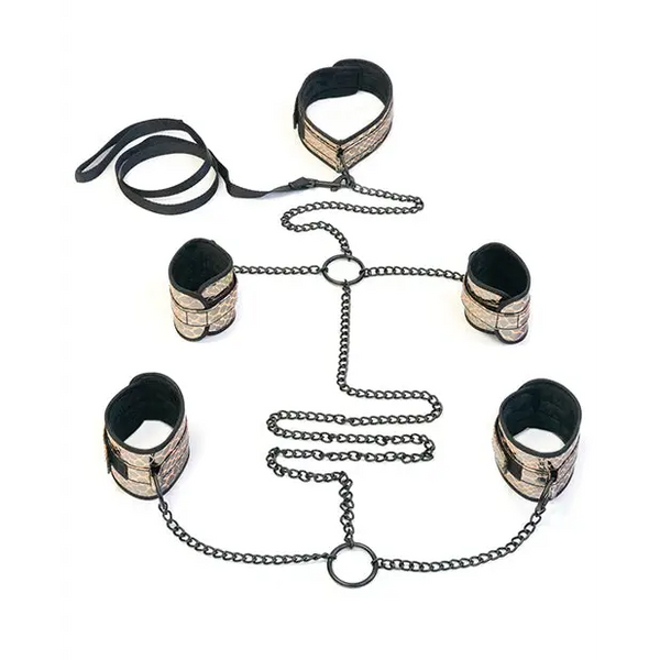Spartacus Faux Leather Collar to Wrist & Ankle Restraints Bondage Kit w/Leash - Gold - Bondage Blindfolds & Restraints