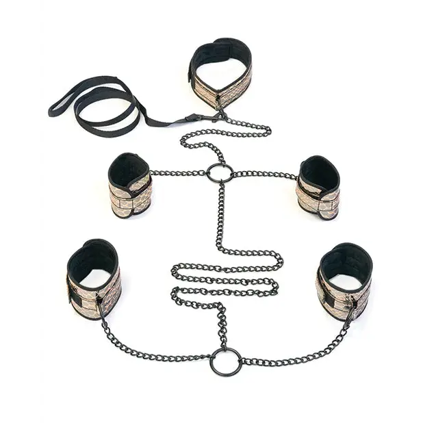 Spartacus Faux Leather Collar to Wrist & Ankle Restraints Bondage Kit w/Leash - Gold - Bondage Blindfolds & Restraints