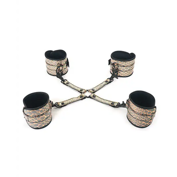 Spartacus Faux Leather Wrist & Ankle Restraints w/Hog Tie - Gold - Bondage Blindfolds & Restraints