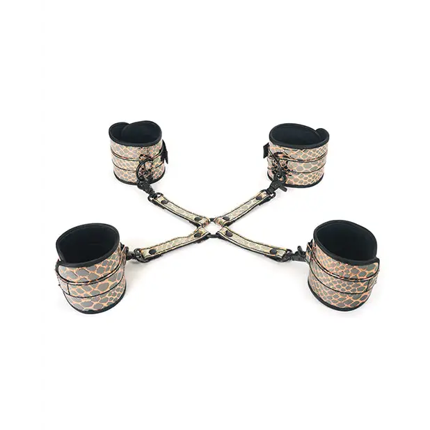 Spartacus Faux Leather Wrist & Ankle Restraints w/Hog Tie - Gold - Bondage Blindfolds & Restraints