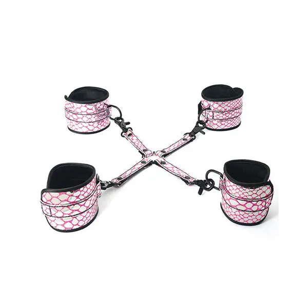 Spartacus Faux Leather Wrist & Ankle Restraints w/Hog Tie - Pink - Bondage Blindfolds & Restraints