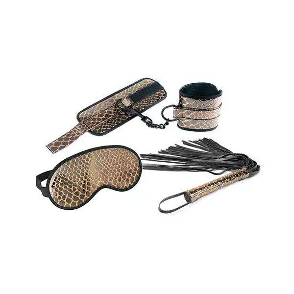 Spartacus Faux Leather Wrist Restraints Blindfold & Flogger Bondage Kit - Gold - Bondage Blindfolds & Restraints