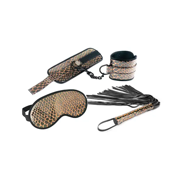 Spartacus Faux Leather Wrist Restraints Blindfold & Flogger Bondage Kit - Gold - Bondage Blindfolds & Restraints