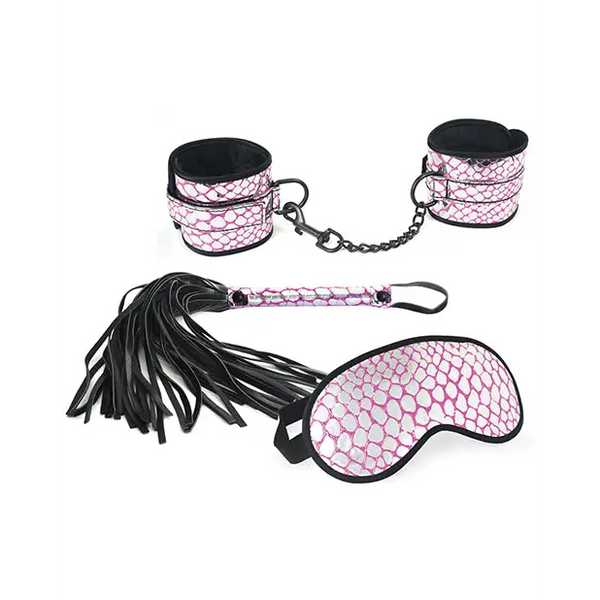 Spartacus Faux Leather Wrist Restraints Blindfold & Flogger Bondage Kit - Pink - Bondage Blindfolds & Restraints