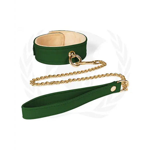 Spartacus Plush Lined PU Collar & Chained Leash - Green - Bondage Blindfolds & Restraints