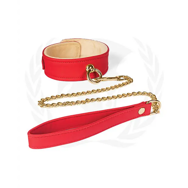 Spartacus Plush Lined PU Collar & Chained Leash - Red - Bondage Blindfolds & Restraints