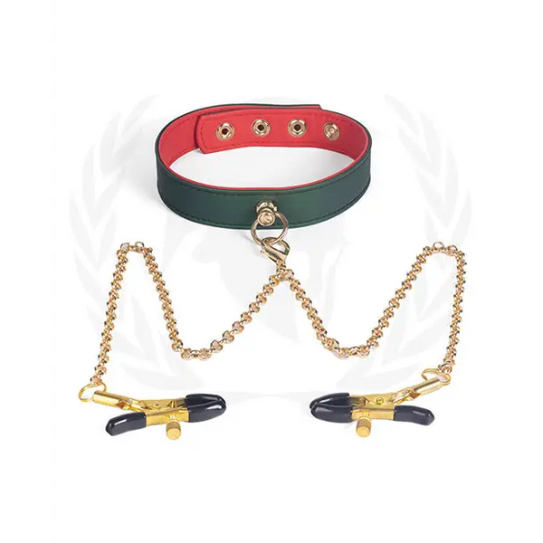 Spartacus PU Collar w/Nipple Clamps - Green - Bondage Blindfolds & Restraints