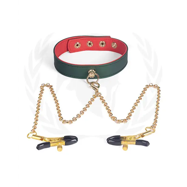 Spartacus PU Collar w/Nipple Clamps - Green - Bondage Blindfolds & Restraints