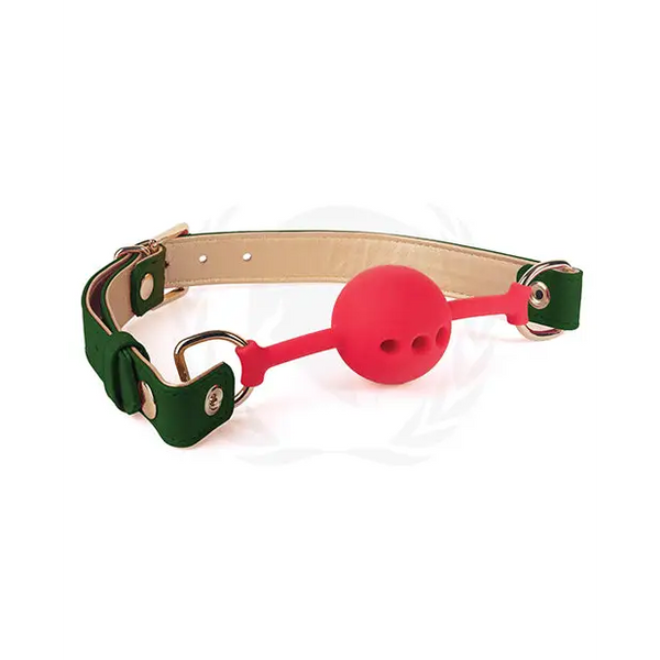 Spartacus Silicone Ball Gag w/Green Gold PU Straps - 46 mm - Bondage Blindfolds & Restraints