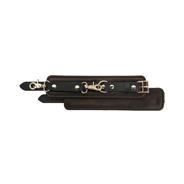 Spartacus Wrist Restraints - Brown Leather w/Gold Accent Hardware - Bondage Blindfolds & Restraints