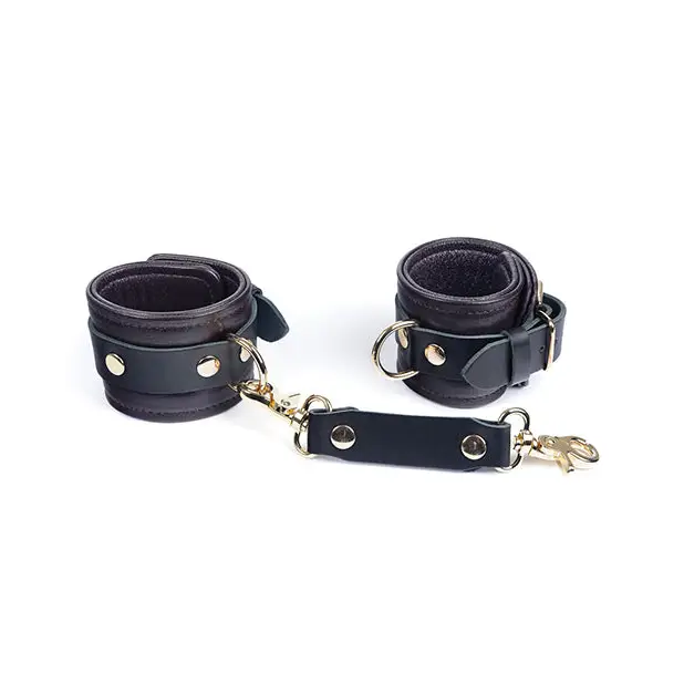 Spartacus Wrist Restraints - Brown Leather w/Gold Accent Hardware - Bondage Blindfolds & Restraints
