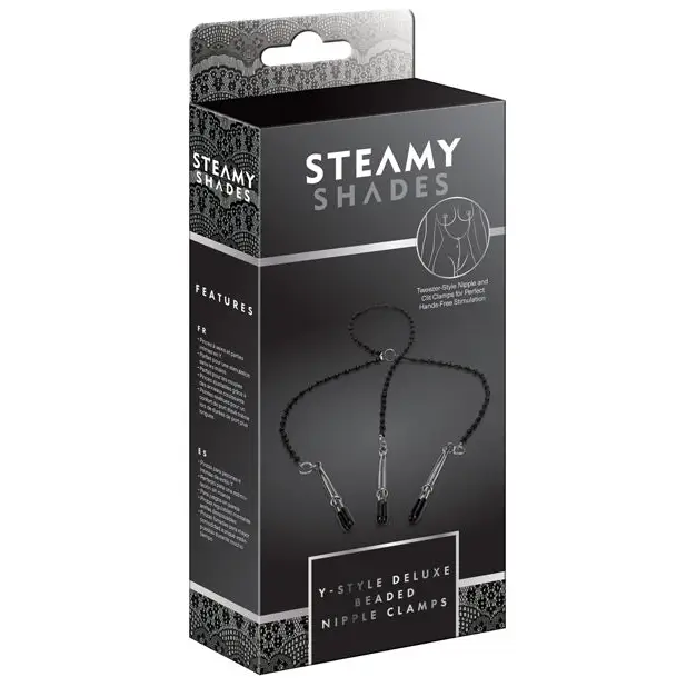 Steamy Shades Y-Style Deluxe Beaded Nipple Clamps, Black/Silver