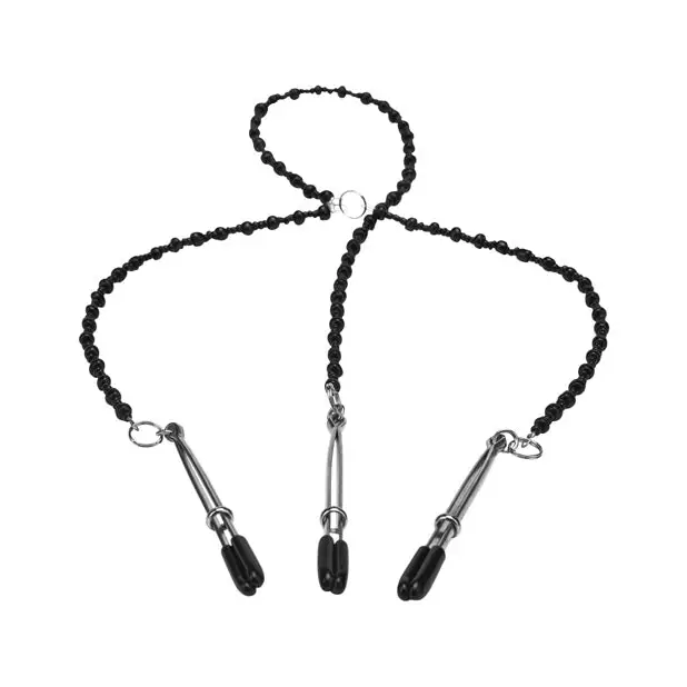 Steamy Shades Y-Style Deluxe Beaded Nipple Clamps, Black/Silver