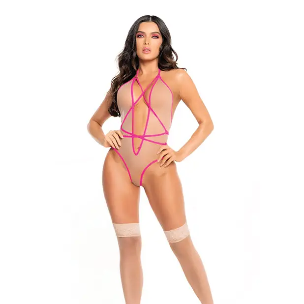 Strappy Teddy w/Adjustable Hook & Eye Crotch Closure Neon S/M - Lingerie - Packaged