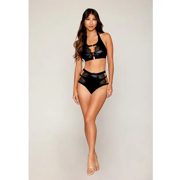 Stretch Faux Leather and Eyelash Lace Bralette w/High-Waisted Panty - Black LG - Lingerie - Hanging