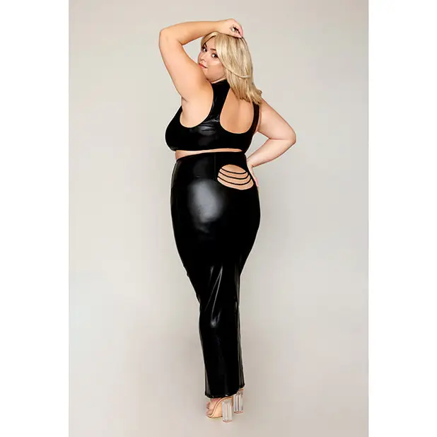 Stretch Faux Leather Harness Bra & Long Slip Skirt - Black 1X - Lingerie - Plus/Queen - Hanging