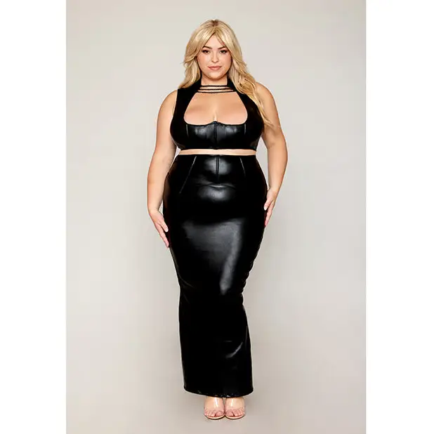 Stretch Faux Leather Harness Bra & Long Slip Skirt - Black 1X - Lingerie - Plus/Queen - Hanging