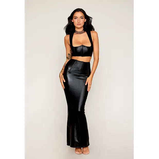 Stretch Faux Leather Harness Bra & Long Slip Skirt - Black SM - Lingerie - Hanging