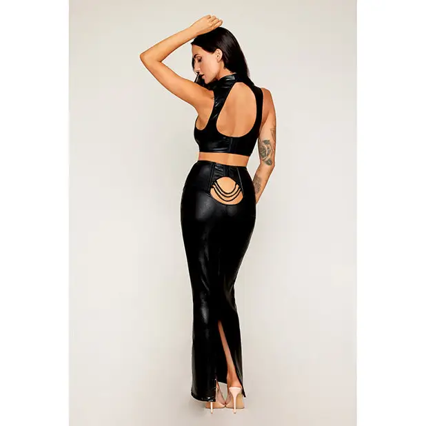 Stretch Faux Leather Harness Bra & Long Slip Skirt - Black SM - Lingerie - Hanging