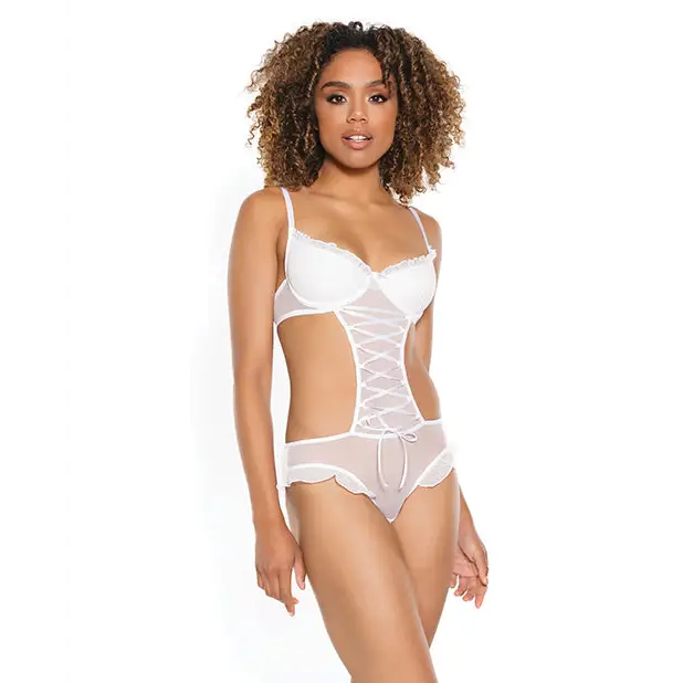 Stretch Mesh Ruffled Crotchless Teddy White SM