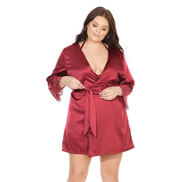 Stretch Satin Robe w/Eyelash Lace Sleeve Merlot OS/XL