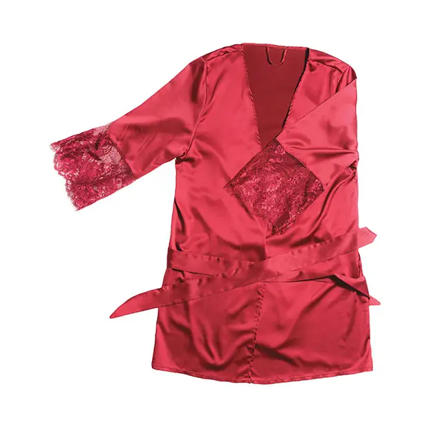 Stretch Satin Robe w/Eyelash Lace Sleeve Merlot OS/XL