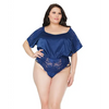 Stretch Satin & Scallop Stretch Lace Off the Shoulder Romper Navy OS/XL