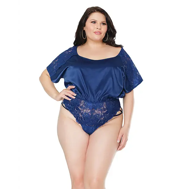 Stretch Satin & Scallop Stretch Lace Off the Shoulder Romper Navy OS/XL