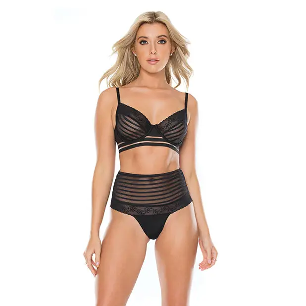 Striped Mesh Bra & High Waist Thong Black LG