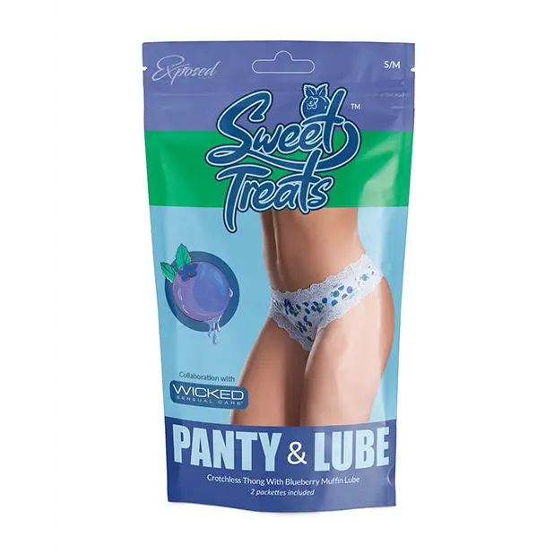 Sweet Treats Crotchless Thong w/Wicked Sensual Care Blueberry Lube - Blue S/M - Lingerie - Packaged
